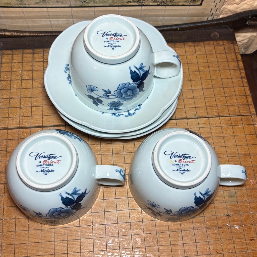Noritake Cup Saucer Set of 3 Versatone Orient Sometsuke B352W17 Japan - Picture 7 of 13